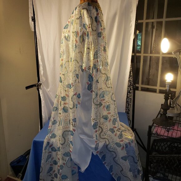 Beaded White Silk Chiffon Caftan, One Size, White/Blue/Gold - Picture 4 of 8